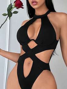 SHEIN SXY 性感鏤空正面掛脖連身衣 - 黑色 - 查看 5