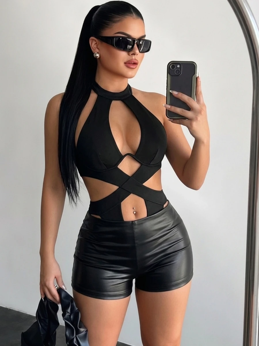 SHEIN SXY 性感鏤空正面掛脖連身衣 - 黑色 - 查看 1
