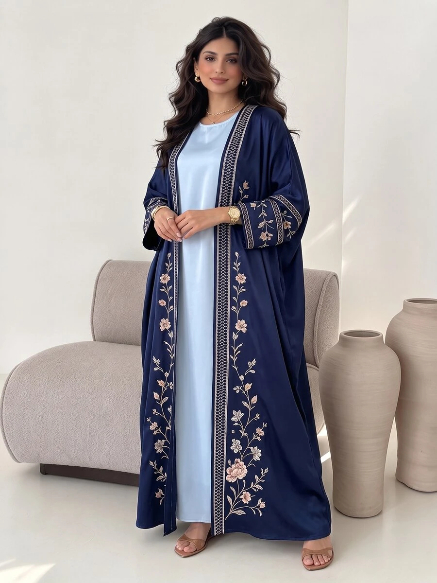 SHEIN Najma 花卉印花海軍藍女款優雅端莊阿拉伯式長袍 秋季長袖開襟長版外套 Ninang 婚禮外出穿搭 - 彩色 - 查看 1
