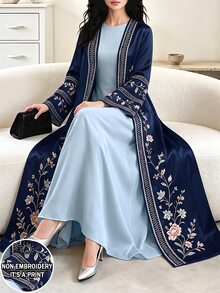 SHEIN Najma 花卉印花海軍藍女款優雅端莊阿拉伯式長袍 秋季長袖開襟長版外套 Ninang 婚禮外出穿搭 - 彩色 - 查看 3