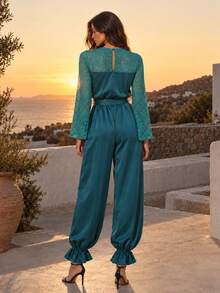 Dancing Leopard Jumpsuit Leher Bentuk Hati Berwarna Biru Kehijauan dengan Renda, Pakaian Pesta Malam - Teal Blue - View 2