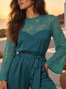Dancing Leopard Jumpsuit Leher Bentuk Hati Berwarna Biru Kehijauan dengan Renda, Pakaian Pesta Malam - Teal Blue - View 4
