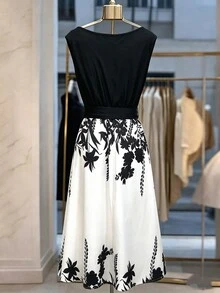 Selianne 定位花卉印花垂領拼接色塊蝴蝶結綁帶洋裝，黑色花卉夏日 1960s 復古 70s 風格，適合婚禮、晚餐聚會 - 黑與白 - 查看 2