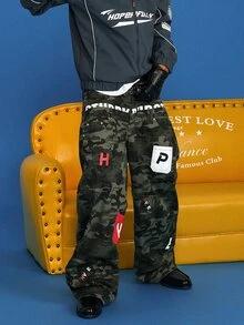 STEELVANCE Streetwear Retro Fashion Versatile Patchwork Studded Multi-Pocket Printed Design Loose Straight Wide Leg Casual Denim Jeans (Belt And Accessories Not Included) - Army Green - View 6