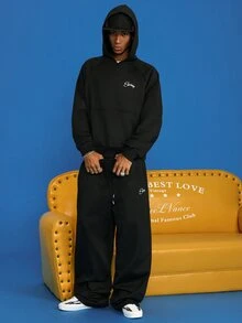 STEELVANCE Men's Letter Graphic Sweatshirt And Pants Casual Daily Outfit Set - Black - View 4