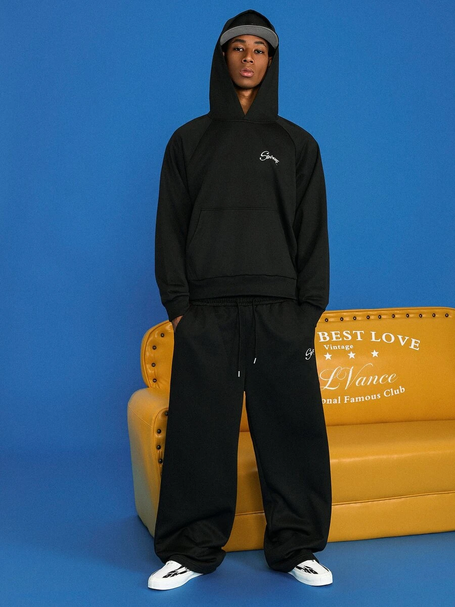 STEELVANCE Men's Letter Graphic Sweatshirt And Pants Casual Daily Outfit Set - Black - View 1