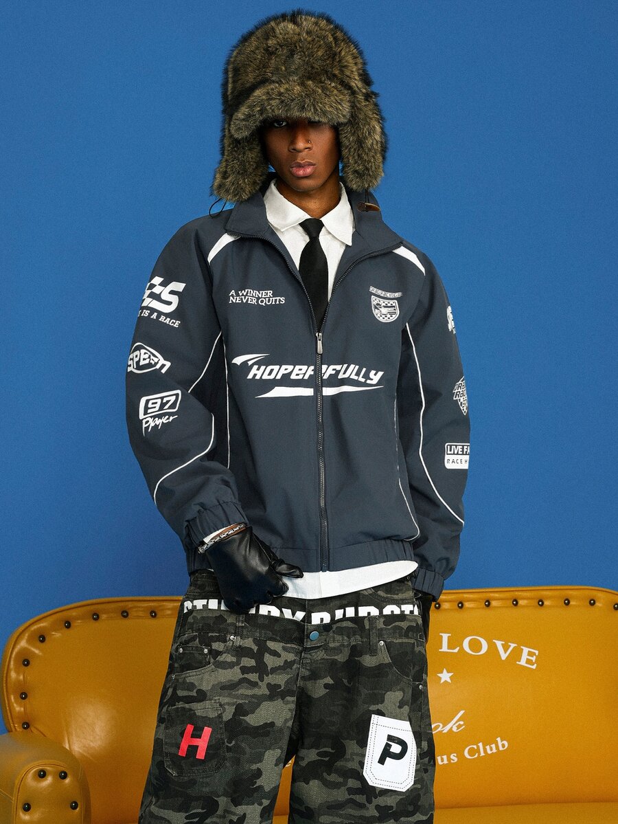 STEELVANCE Men's Printed Casual Long Sleeve Outdoor Windbreaker Jacket, Long Sleeve Racing Jacket - Dark Grey - View 1