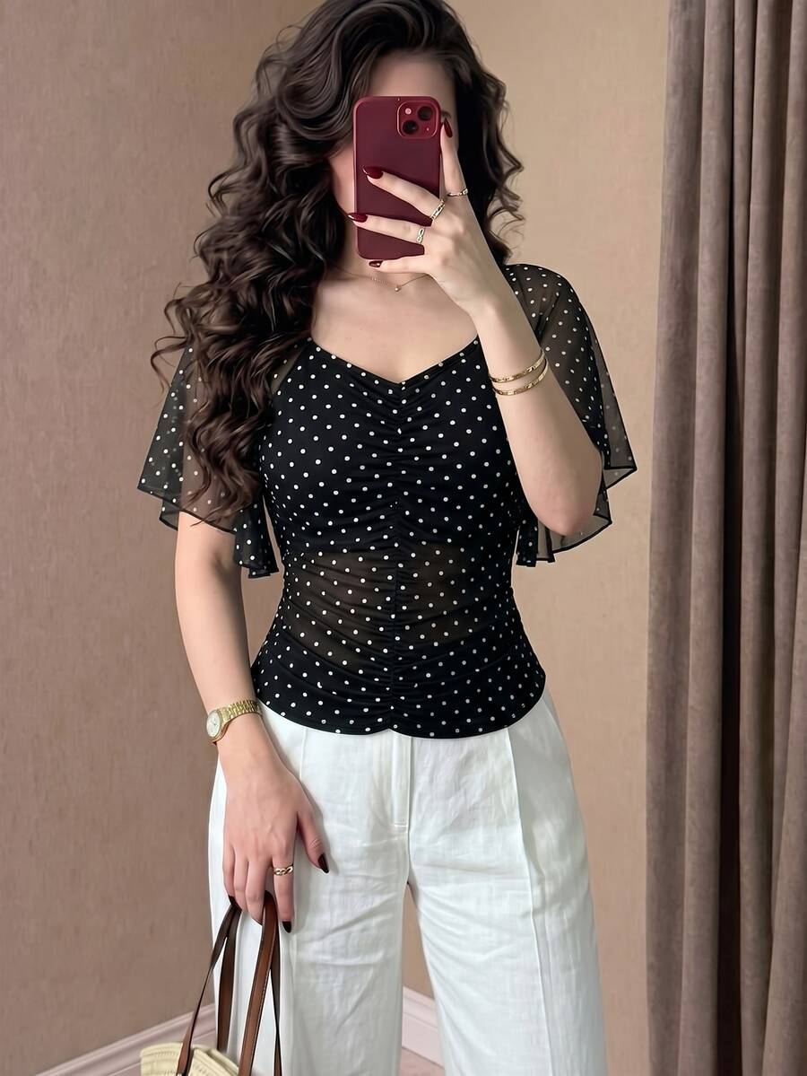 Modelyn Polka Dot Print Top, Summer Square Neck Pleated Flutter Sleeve Design Blouse, Black And White Polka Dot Chiffon Top, Everyday Date Romantic Elegant - Multicolor - View 1