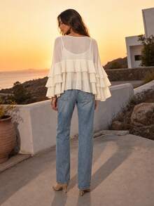 Dancing Leopard Beige Tiered Ruffle Cape Top, Modern Boho - Beige - View 2