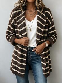 SHEIN Cardigan dengan Kerah Air Terjun dan Bahu Jatuh - Coffee Brown - View 1