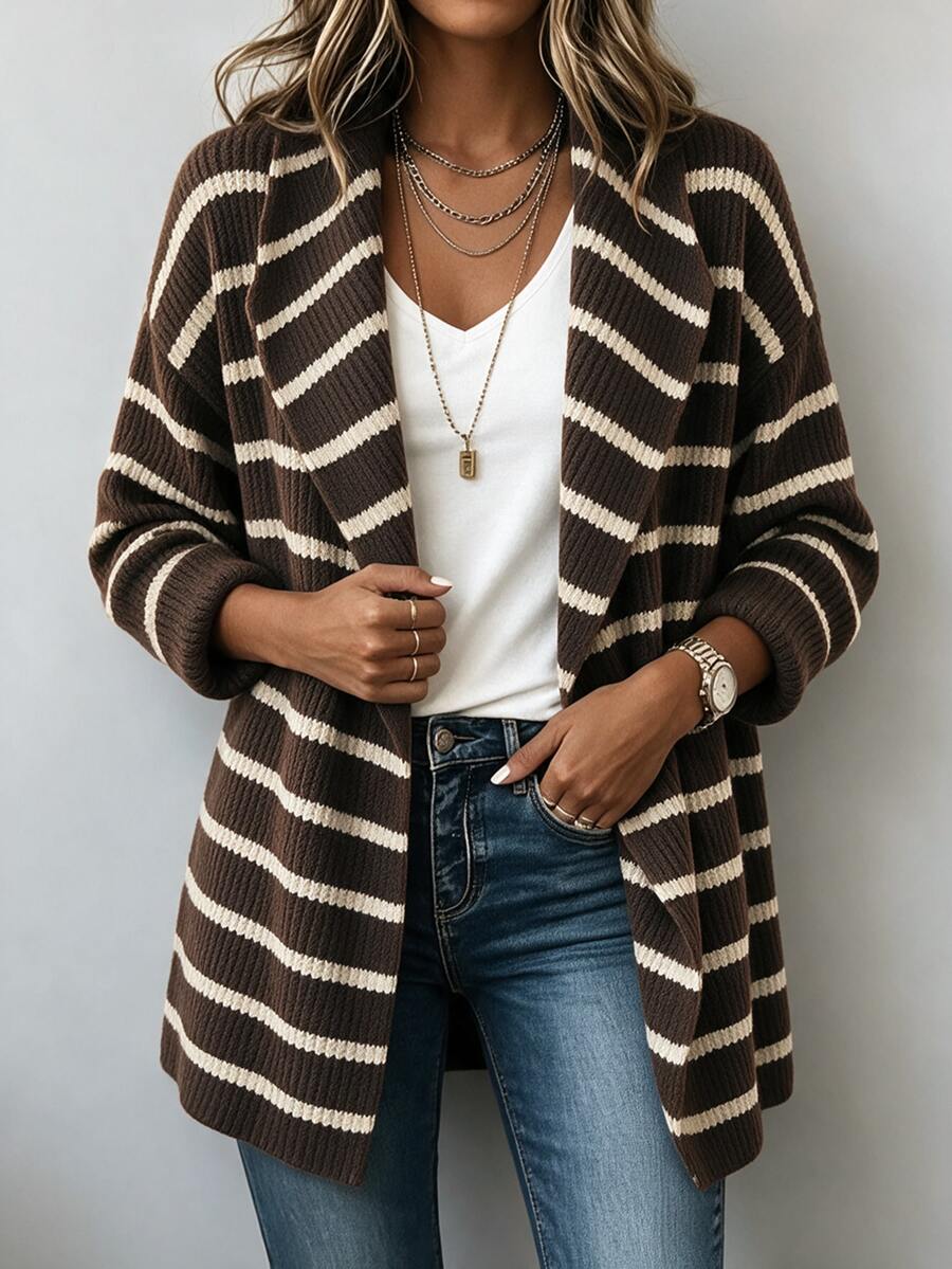 SHEIN Cardigan dengan Kerah Air Terjun dan Bahu Jatuh - Coffee Brown - View 1