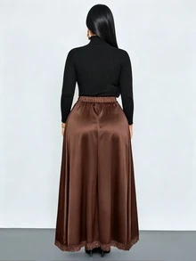 SOLERSUN Plus Size Ladies Autumn And Winter Brown Skirt With The Same Color Lace. Retro Luxury Elegance, Business Socialization, Banquets, Dating, Commuting. - Brown - View 6