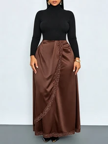 SOLERSUN Plus Size Ladies Autumn And Winter Brown Skirt With The Same Color Lace. Retro Luxury Elegance, Business Socialization, Banquets, Dating, Commuting. - Brown - View 7