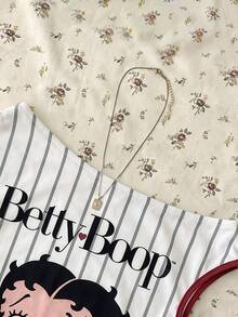 Attitoon Betty Boop x SHEIN 女款修身不對稱單肩抓褶短版上衣，女款聯名印花圖案T恤，適合外出、街頭穿搭、機場造型、時尚、返校季、Y2K、派對、海灘度假、假期 - 彩色 - 查看 5