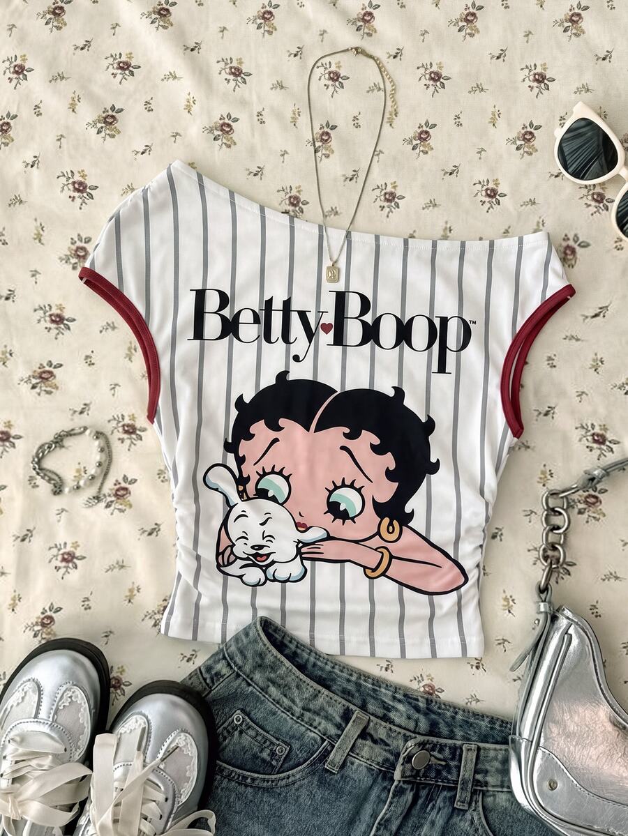 Attitoon Betty Boop x SHEIN 女款修身不對稱單肩抓褶短版上衣,女款聯名印花圖案T恤,適合外出、街頭穿搭、機場造型、時尚、返校季、Y2K、派對、海灘度假、假期 - 彩色 - 查看 1
