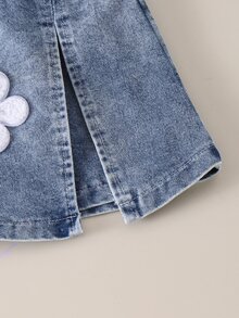 SHEIN BABY GIRLS 2pcs Set Fall Winter Long Sleeve Ruffle Top & Denim Skirt Outfit Cute Floral Applique Suitable For Girls' Casual Wear - Brown - View 6