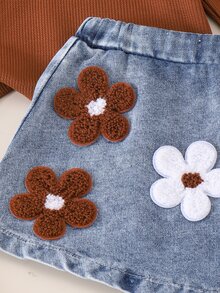 SHEIN BABY GIRLS 2pcs Set Fall Winter Long Sleeve Ruffle Top & Denim Skirt Outfit Cute Floral Applique Suitable For Girls' Casual Wear - Brown - View 8