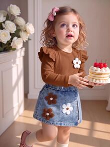 SHEIN BABY GIRLS 2pcs Set Fall Winter Long Sleeve Ruffle Top & Denim Skirt Outfit Cute Floral Applique Suitable For Girls' Casual Wear - Brown - View 1