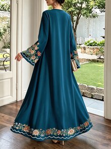 Al Najma 彩色花卉枝條與幾何波浪蕾絲圖案 藍綠色女款優雅阿拉伯式長袍，春秋時尚長袖開襟長版開襟外套，阿拉伯風服飾 - 彩色 - 查看 2