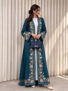 Al Najma 彩色花卉枝條與幾何波浪蕾絲圖案 藍綠色女款優雅阿拉伯式長袍，春秋時尚長袖開襟長版開襟外套，阿拉伯風服飾 - 彩色 - 查看 1