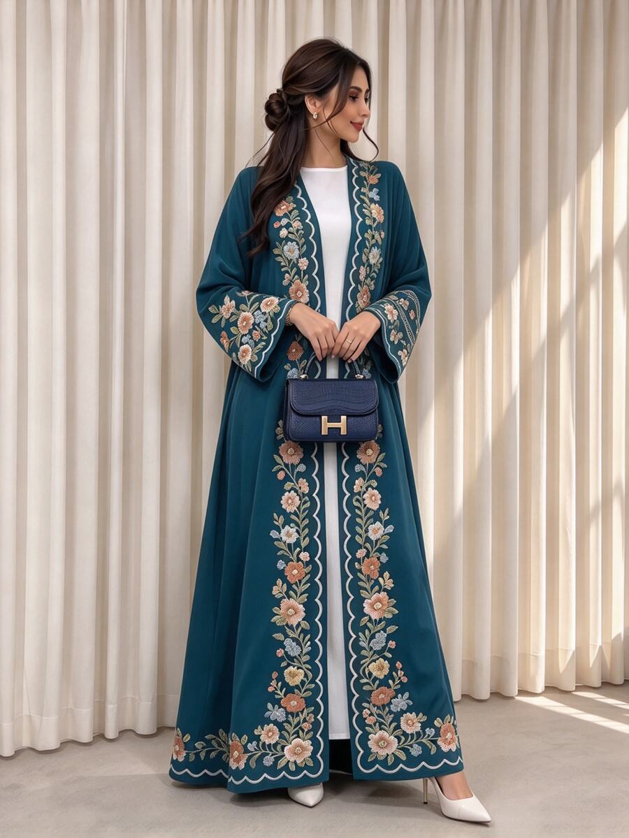 Al Najma 彩色花卉枝條與幾何波浪蕾絲圖案 藍綠色女款優雅阿拉伯式長袍，春秋時尚長袖開襟長版開襟外套，阿拉伯風服飾 - 彩色 - 查看 1