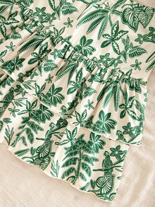 SHEIN Teen Girls 2pcs Summer Outfits Casual Round Neck Ruched Knit Vest Top & Tropical Floral Printed Two-Tiered Ruffle Cake Skirt Holiday Matching Set - Green - View 8