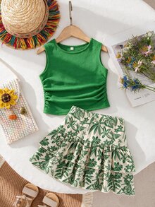 SHEIN Teen Girls 2pcs Summer Outfits Casual Round Neck Ruched Knit Vest Top & Tropical Floral Printed Two-Tiered Ruffle Cake Skirt Holiday Matching Set - Green - View 3