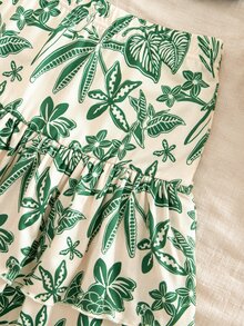 SHEIN Teen Girls 2pcs Summer Outfits Casual Round Neck Ruched Knit Vest Top & Tropical Floral Printed Two-Tiered Ruffle Cake Skirt Holiday Matching Set - Green - View 7