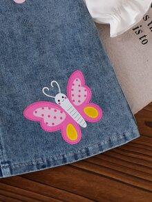 SHEIN Playful Pals 2pcs Toddler Girls Overall Denim Dress Set Sweet Cute Blue White Butterfly Bee Flower Lace Ruffle Puff Sleeve Eyelet Collar Regular Party Fall Holiday - Medium Wash - View 3