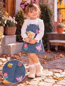 SHEIN Playful Pals 2pcs Toddler Girls Overall Denim Dress Set Sweet Cute Blue White Butterfly Bee Flower Lace Ruffle Puff Sleeve Eyelet Collar Regular Party Fall Holiday - Medium Wash - View 7
