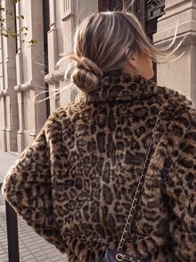 SHEIN Franclia Women's Autumn/Winter Party Street Commute Leopard Print Faux Fur Long Sleeve Jacket - Coffee Brown - View 5