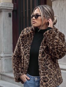 SHEIN Franclia Women's Autumn/Winter Party Street Commute Leopard Print Faux Fur Long Sleeve Jacket - Coffee Brown - View 6