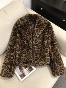 SHEIN Franclia Women's Autumn/Winter Party Street Commute Leopard Print Faux Fur Long Sleeve Jacket - Coffee Brown - View 1