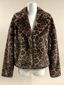 SHEIN Franclia Women's Autumn/Winter Party Street Commute Leopard Print Faux Fur Long Sleeve Jacket - Coffee Brown - View 7