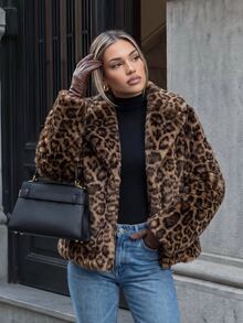 SHEIN Franclia Women's Autumn/Winter Party Street Commute Leopard Print Faux Fur Long Sleeve Jacket - Coffee Brown - View 4