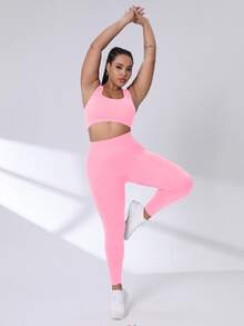 Rhythm Era Plus Size Solid Color Butt Lifting Stretchy Quick Dry Casual Sports Pants Yoga Women Pants - Pink - View 5