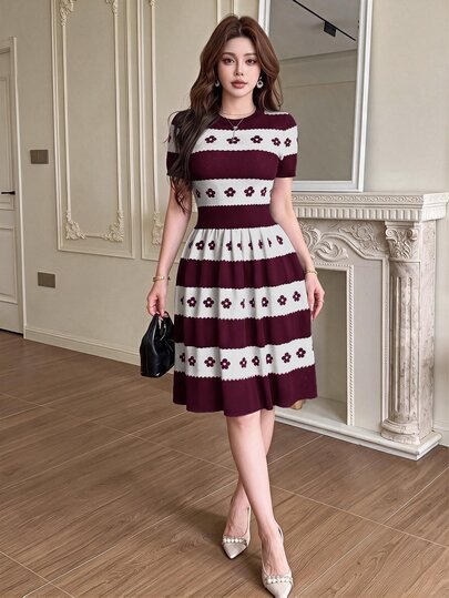 Feyla Women's Floral Print Pleated Casual Party Knit Dress