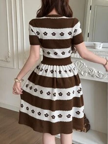 Feyla Women's Floral Pattern Casual Daily Wear Knit Dress - Khaki - View 2