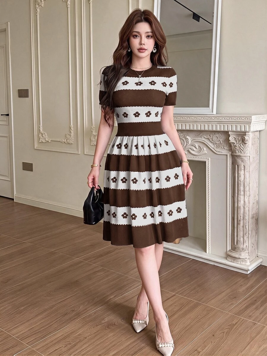 Feyla Women's Floral Pattern Casual Daily Wear Knit Dress - Khaki - View 1