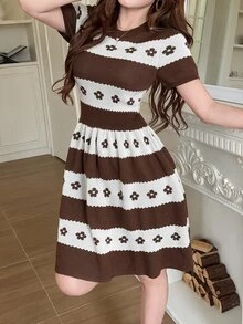 Feyla Women's Floral Pattern Casual Daily Wear Knit Dress - Khaki - View 4