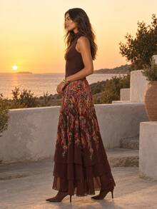 Dancing Leopard Chocolate Brown Ruffle Skirt, Evening Party Outfit - Chocolate Brown - View 3
