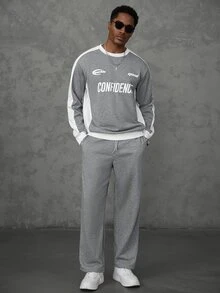 SLATEMANN Men's Letter Print Long Sleeve Sweatshirt And Drawstring Waist Pocket Pants Set - Grey - View 3