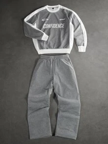 SLATEMANN Men's Letter Print Long Sleeve Sweatshirt And Drawstring Waist Pocket Pants Set - Grey - View 1