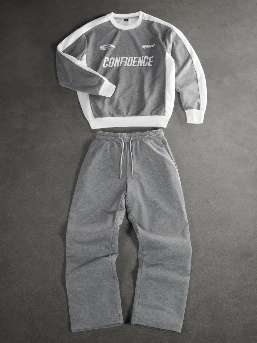 SLATEMANN Men's Letter Print Long Sleeve Sweatshirt And Drawstring Waist Pocket Pants Set - Grey - View 1