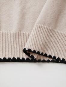 SHEIN Women V‑Neck Contrast Scalloped Trim Knit Pullover, Long Sleeve Ribbed Hem Slim‑Fit Solid Sweater To - Apricot - View 6