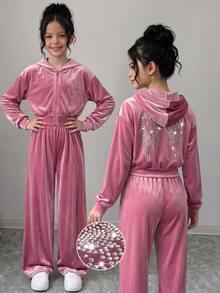 SHEIN 女童青少年粉色天鵝絨運動服套裝，短版連帽衛衣搭配寬腿長褲，牛仔女郎風2件式套裝，復古80年代Y2K秋季校園運動風 - 粉色 - 查看 3