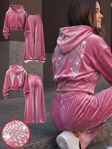 SHEIN 女童青少年粉色天鵝絨運動服套裝，短版連帽衛衣搭配寬腿長褲，牛仔女郎風2件式套裝，復古80年代Y2K秋季校園運動風 - 粉色 - 查看 1