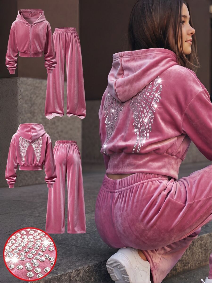 SHEIN 女童青少年粉色天鵝絨運動服套裝,短版連帽衛衣搭配寬腿長褲,牛仔女郎風2件式套裝,復古80年代Y2K秋季校園運動風 - 粉色 - 查看 1