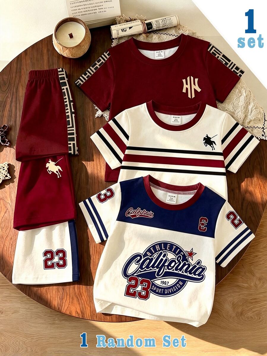 SHEIN 1 Random Set,Casual Khaki & Burgundy Classic Colorblock Striped Knight Logo Print Crew Neck T-Shirt And Matching Printed Shorts Set - Multicolor - View 1