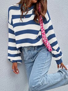 SoleilVie Suéter de hombros caídos con estampado de rayas, suéter de punto de manga larga para otoño e invierno - Multicolor - Ver 6
